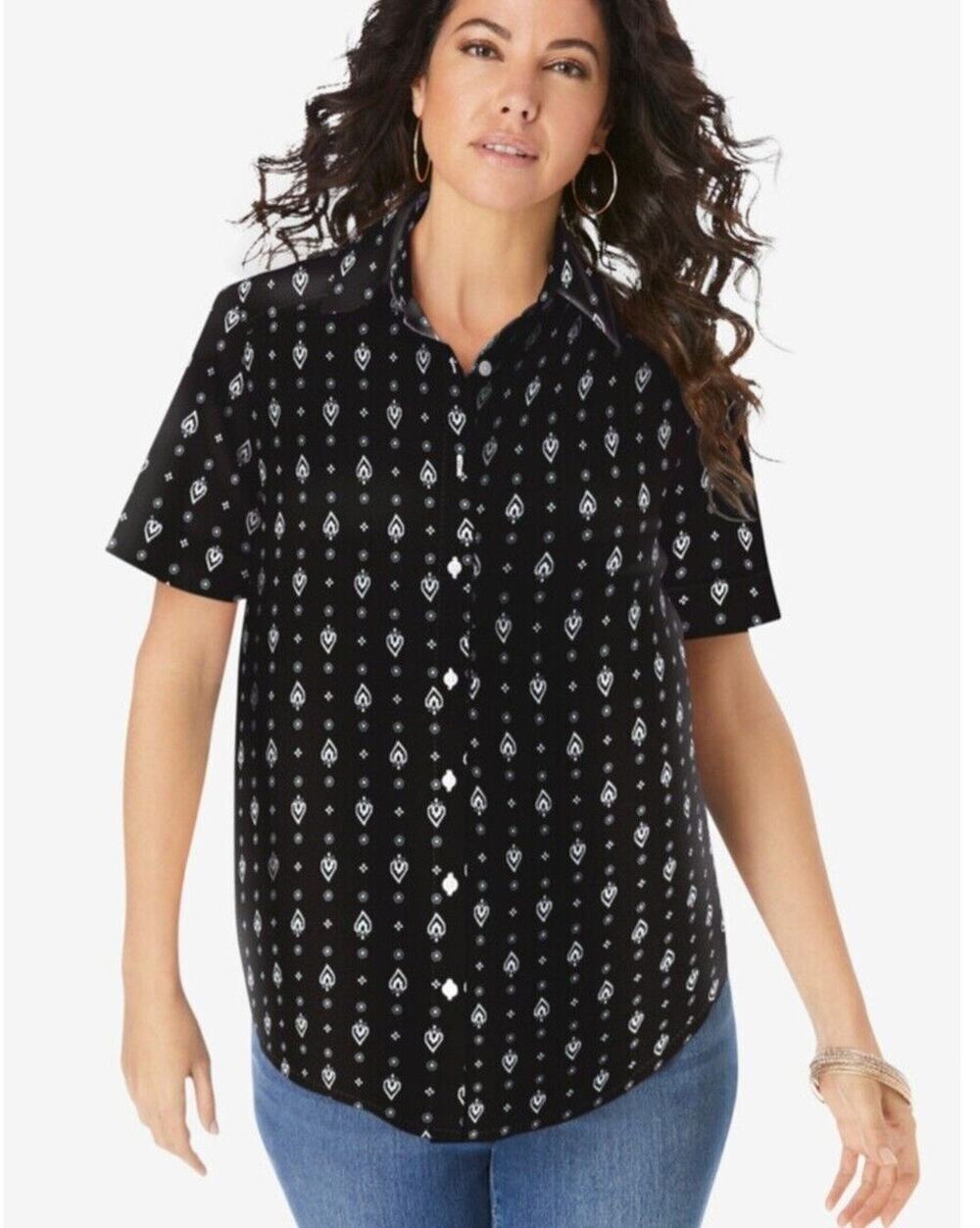 Roaman's Women Short-Sleeve Kate Big Shirt Black & White Ikat Plus Sizes Boho